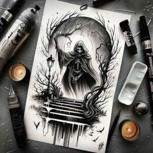 scythe-wielder – tattoo design ideas free ai generated – neotraditional-bright-color – for-hip – Gallery: grim-reaper-inkby-ai