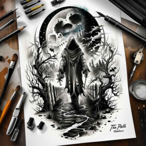 scythe-wielder – tattoo design ideas free ai generated – realism-deep-shadows – for-foot – Gallery: grim-reaper-inkby-ai