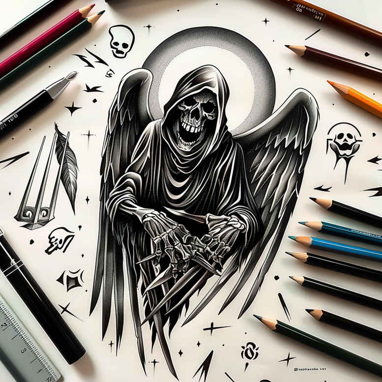 shadow-figure – tattoo design ideas free ai generated – realism-light-play – for-thigh – Gallery: grim-reaper-inkby-ai