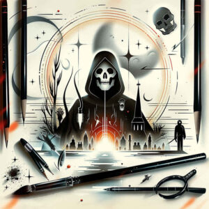 shadow-figure – tattoo design ideas free ai generated – surrealism-enigmatic-visuals – for-collarbone – Gallery: grim-reaper-inkby-ai