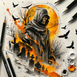 shadow-of-death – tattoo design ideas free ai generated – grimace – for-collarbone – Gallery: grim-reaper-inkby-ai