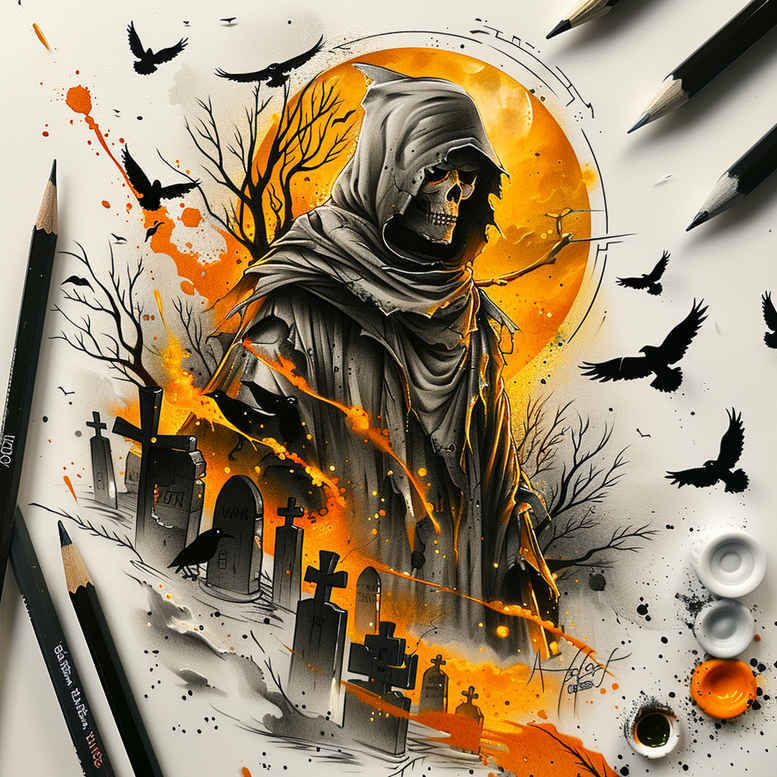 shadow-of-death – tattoo design ideas free ai generated – grimace – for-collarbone – Gallery: grim-reaper-inkby-ai
