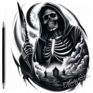 shadowy-figure – tattoo design ideas free ai generated – neotraditional-color-depth – for-abdomen – Gallery: grim-reaper-inkby-ai