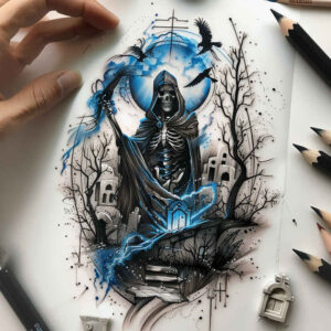 shadowy-figure – tattoo design ideas free ai generated – surrealism-fantastical-elements – for-palm – Gallery: grim-reaper-inkby-ai
