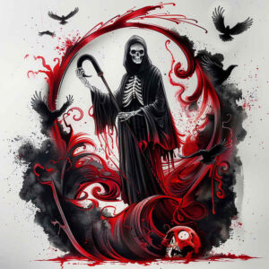 skull-reaper – tattoo design ideas free ai generated – realism-clean-whites – for-upper-thigh – Gallery: grim-reaper-inkby-ai