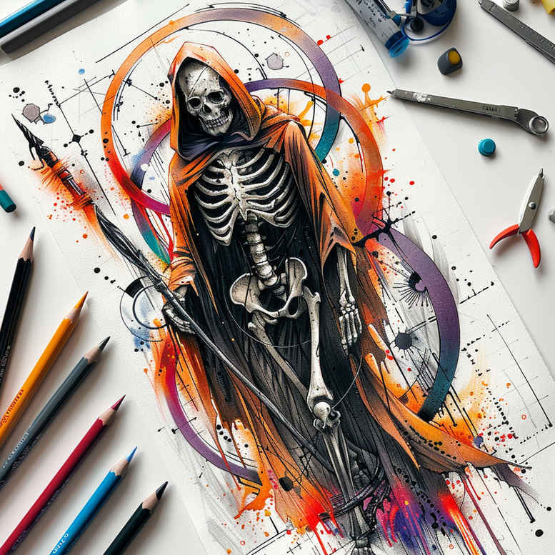 skull-reaper – tattoo design ideas free ai generated – realism-depth-shading – for-calf – Gallery: grim-reaper-inkby-ai