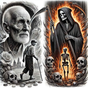 skull-reaper – tattoo design ideas free ai generated – surrealism-floating-elements – for-lower-chest – Gallery: grim-reaper-inkby-ai