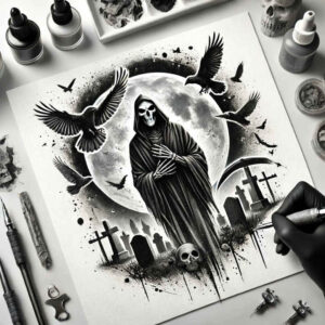 skull-reaper – tattoo design ideas free ai generated – surrealism-fragmentation – for-outer-arm – Gallery: grim-reaper-inkby-ai