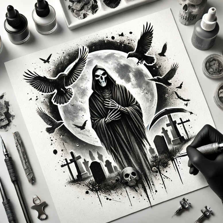 skull-reaper – tattoo design ideas free ai generated – surrealism-fragmentation – for-outer-arm – Gallery: grim-reaper-inkby-ai