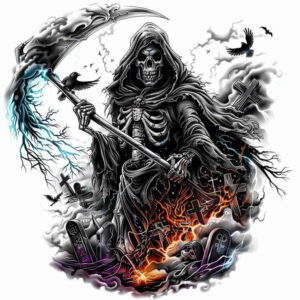 skull-with-scythe – tattoo design ideas free ai generated – rotting – for-upper-shoulder – Gallery: grim-reaper-inkby-ai