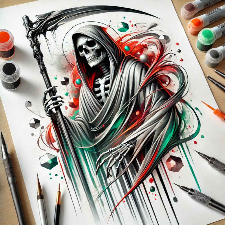 mystical-reaper-blackwork-neotraditional-soft-blending – tattoo design ideas free ai generated – Gallery: grim-reaper-inkby-ai