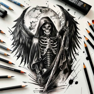 soul-reaper – tattoo design ideas free ai generated – neotraditional-bold-highlights – for-temple – Gallery: grim-reaper-inkby-ai