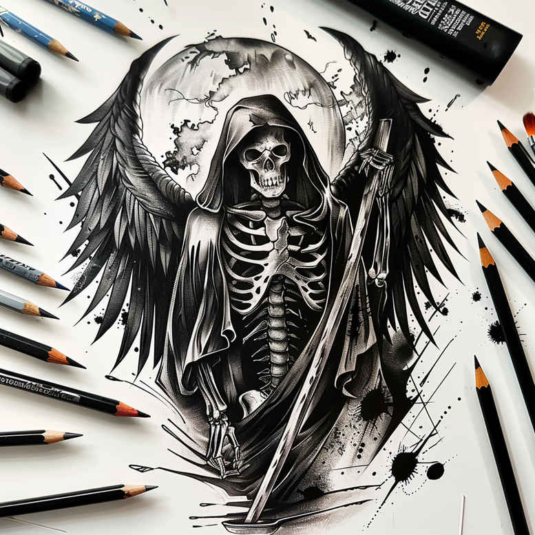 soul-reaper – tattoo design ideas free ai generated – neotraditional-bold-highlights – for-temple – Gallery: grim-reaper-inkby-ai