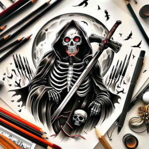 soul-reaper – tattoo design ideas free ai generated – neotraditional-bold-motifs – for-thigh – Gallery: grim-reaper-inkby-ai