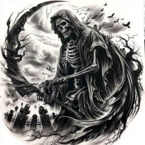soul-reaper – tattoo design ideas free ai generated – neotraditional-enhanced-shading – for-lower-chest – Gallery: grim-reaper-inkby-ai