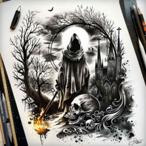 spirit-of-darkness – tattoo design ideas free ai generated – surrealism-melting-forms – for-spine – Gallery: grim-reaper-inkby-ai