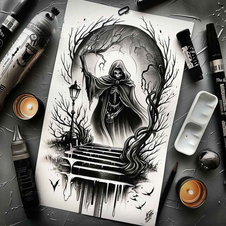 grim-reaper tattoo design ideas Surrealism vibrant contrasts cloak for side
