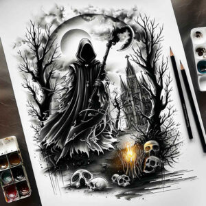 grim-reaper tattoo design ideas detailed linework cloak for upper arm