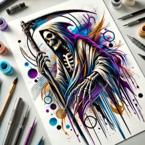 grim-reaper tattoo design ideas Surrealism disorienting dark shading for chest