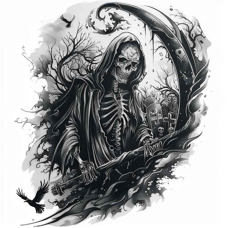 grim-reaper tattoo design ideas Surrealism translucent layers dark shading symbol of determination