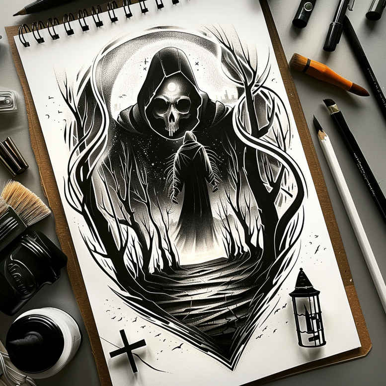 grim-reaper tattoo design ideas monochrome dark silhouette for side