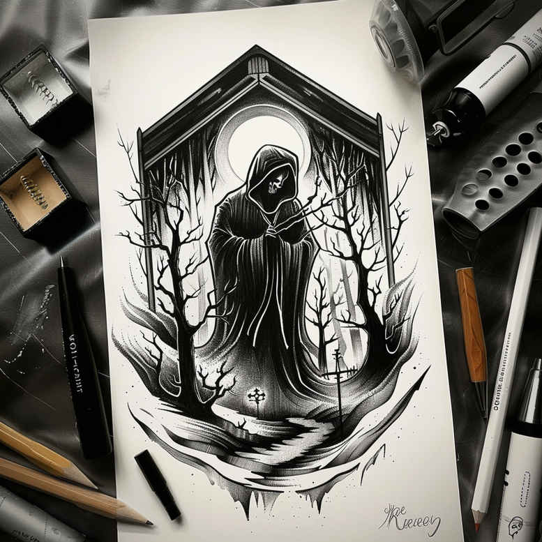 grim-reaper tattoo design ideas rich blacks dark silhouette for upper back