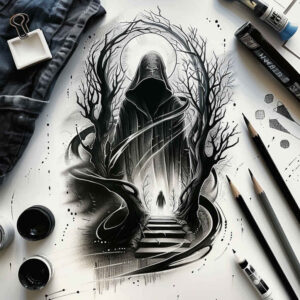 grim-reaper tattoo design ideas Surrealism fantastical dark silhouette for wrist side
