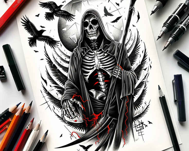 Grim Reaper skeleton with hood and scythe, raven, red ribbon accents, black and grey shading; tattoo project idea; suitable for cover-up.