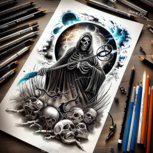 grim-reaper tattoo design ideas Realism dynamic shadows detailed cloak embodying determination