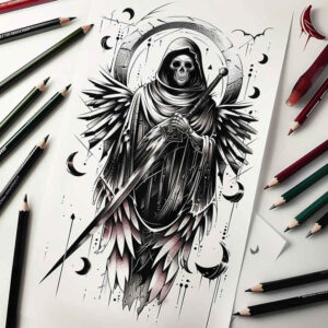 grim-reaper tattoo design ideas Surrealism floating elements fear embodying resilience