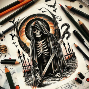 grim-reaper tattoo design ideas Realism soft highlights flowing robes symbolising strength