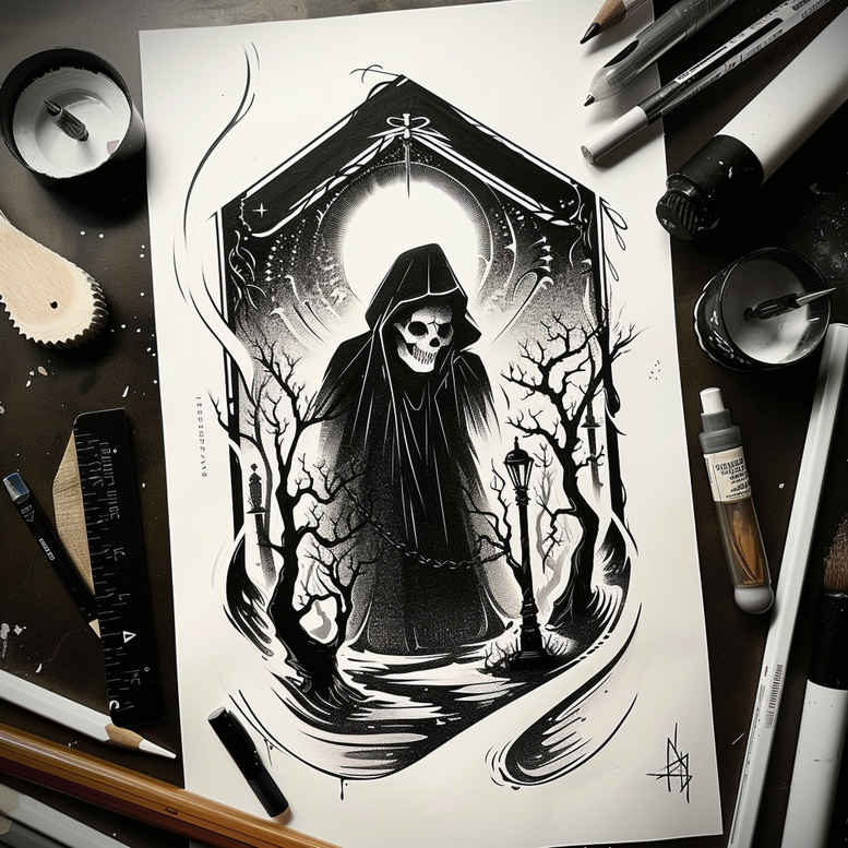 grim-reaper tattoo design ideas Realism soft focus ghostly stands for determination
