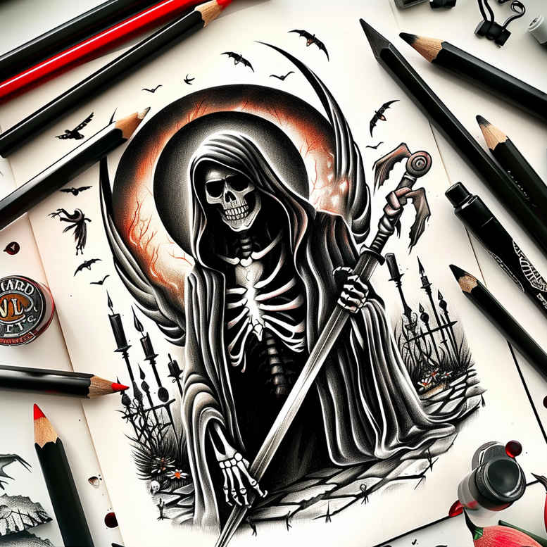grim-reaper tattoo design ideas bold color blocks gothic symbolising perseverance