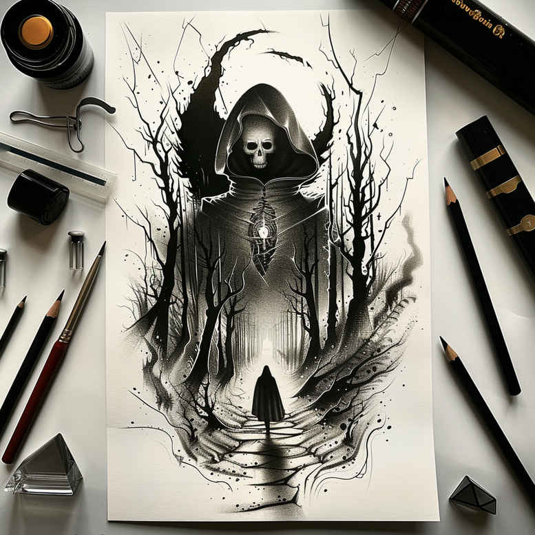 grim-reaper tattoo design ideas subtle tone haunting presence for fingers