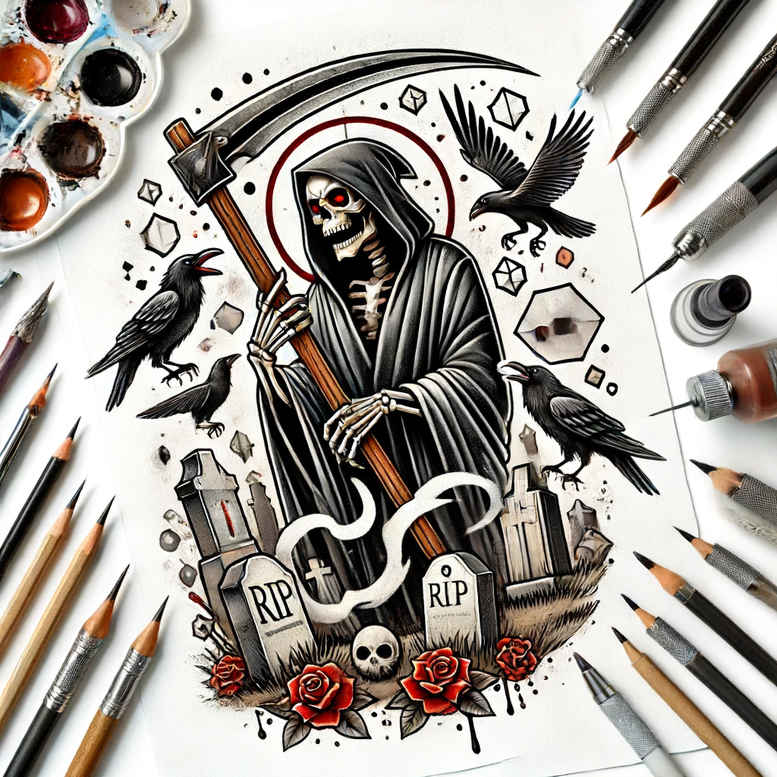 grim-reaper tattoo design ideas saturated hooded for inner arm