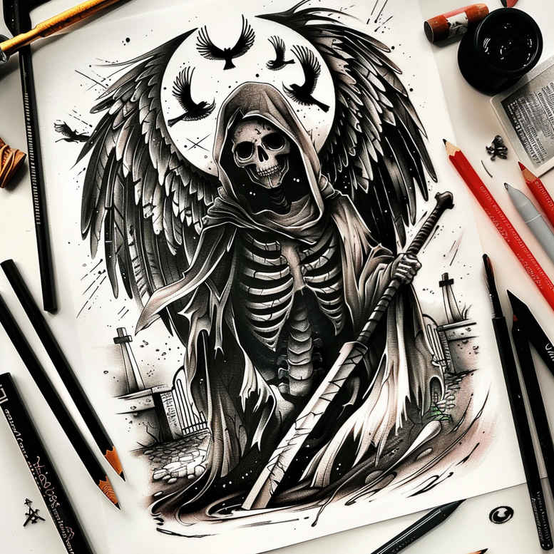 grim-reaper tattoo design ideas Surrealism bizarre hooded for outer arm