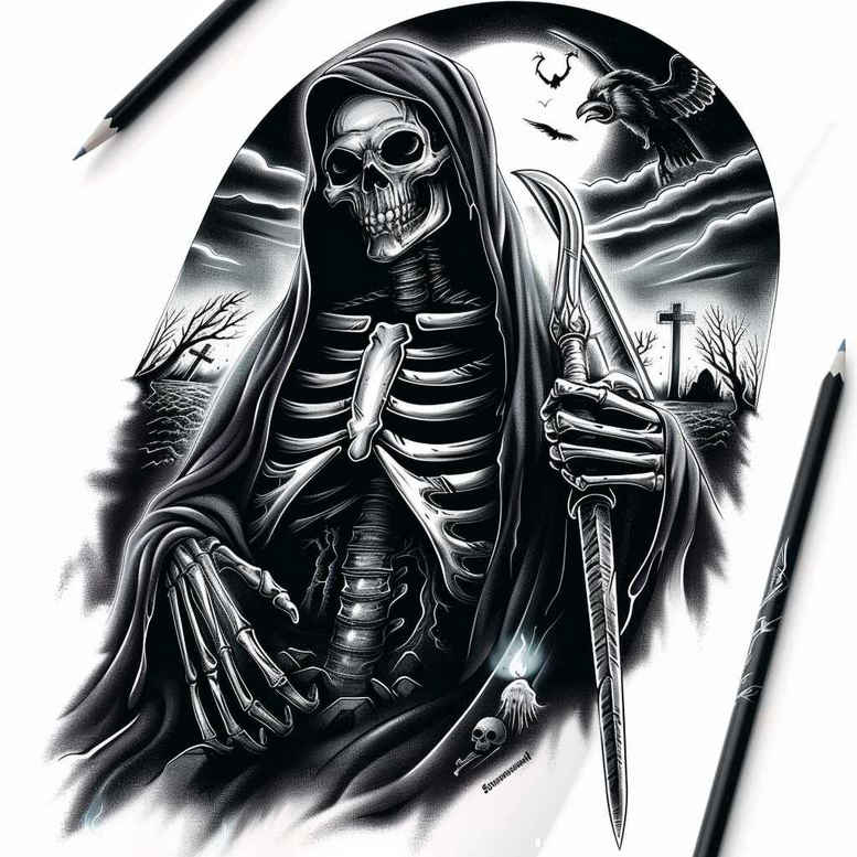 grim-reaper tattoo design ideas wide-angle mortality for biceps