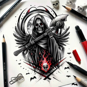 grim-reaper tattoo design ideas Surrealism juxtaposition mysterious figure embodying determination