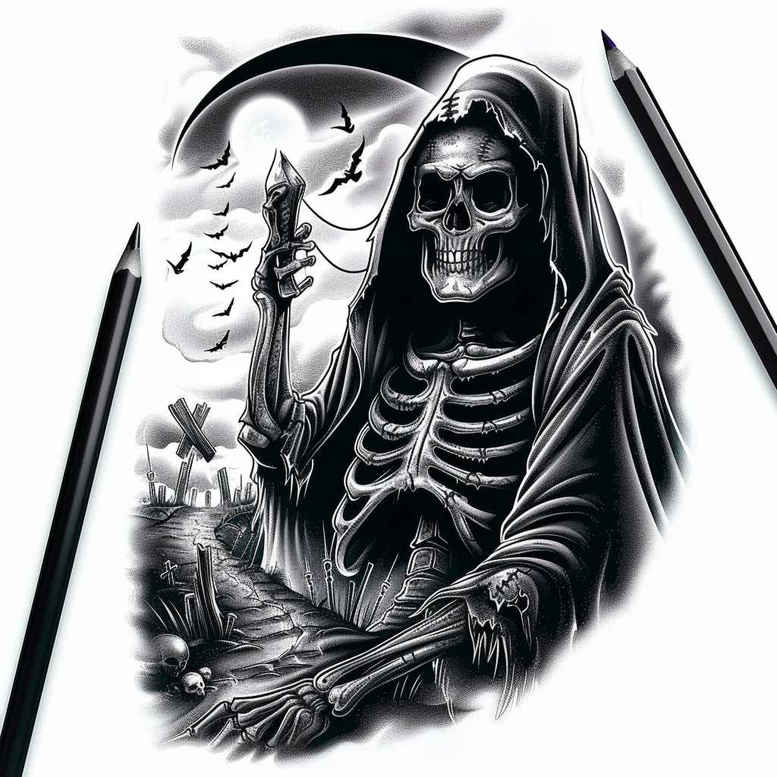 grim-reaper tattoo design ideas Realism precise gradient mysterious figure for heel