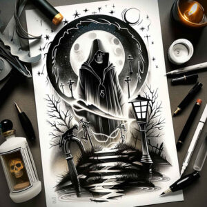 grim-reaper tattoo design ideas solid blacks mysterious for knee