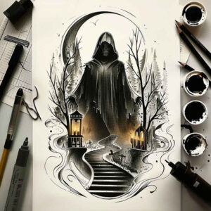 grim-reaper tattoo design ideas Realim light and shadow play night for back of neck