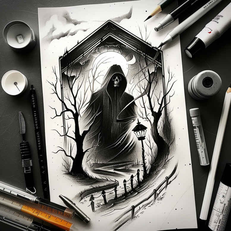 grim-reaper tattoo design ideas Surrealism vibrant contrasts night stands for perseverance