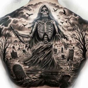 grim-reaper tattoo design ideas Surrealism ethereal glow ominous for thigh