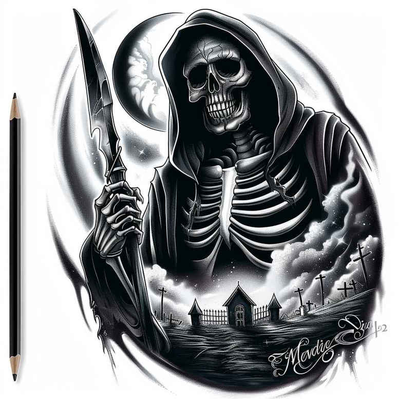 grim-reaper tattoo design ideas high-contrast ominous presence endurance and power