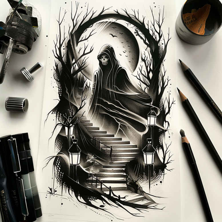 grim-reaper tattoo design ideas dynamic composition ominous presence meaning resilience