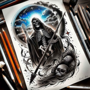 grim-reaper tattoo design ideas sharp contrast ominous presence represents endurance
