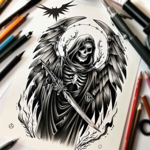 grim-reaper tattoo design ideas intricate scythe for inner arm