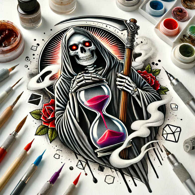 grim-reaper tattoo design ideas Surrealism psychedelic shadow play for lower arm