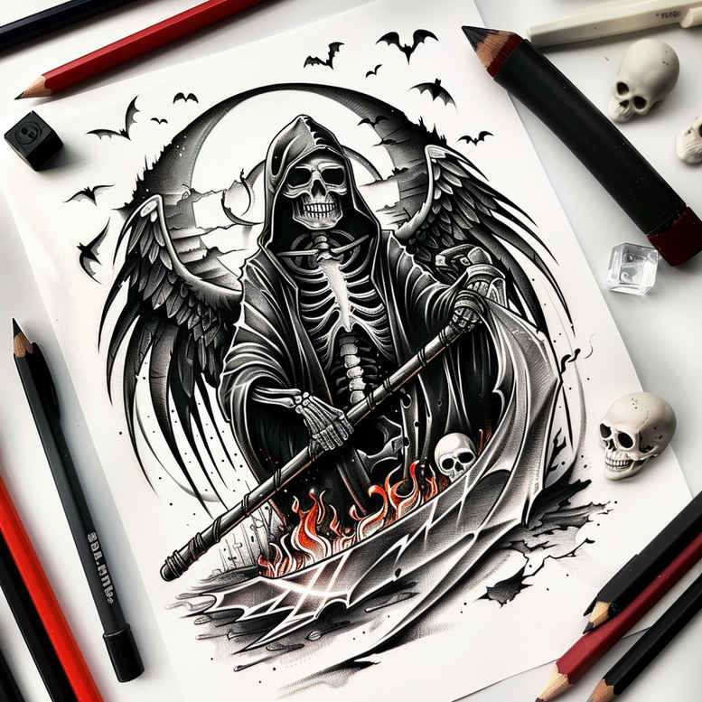 grim-reaper tattoo design ideas Realism illusion of depth shadow play meaning resilience