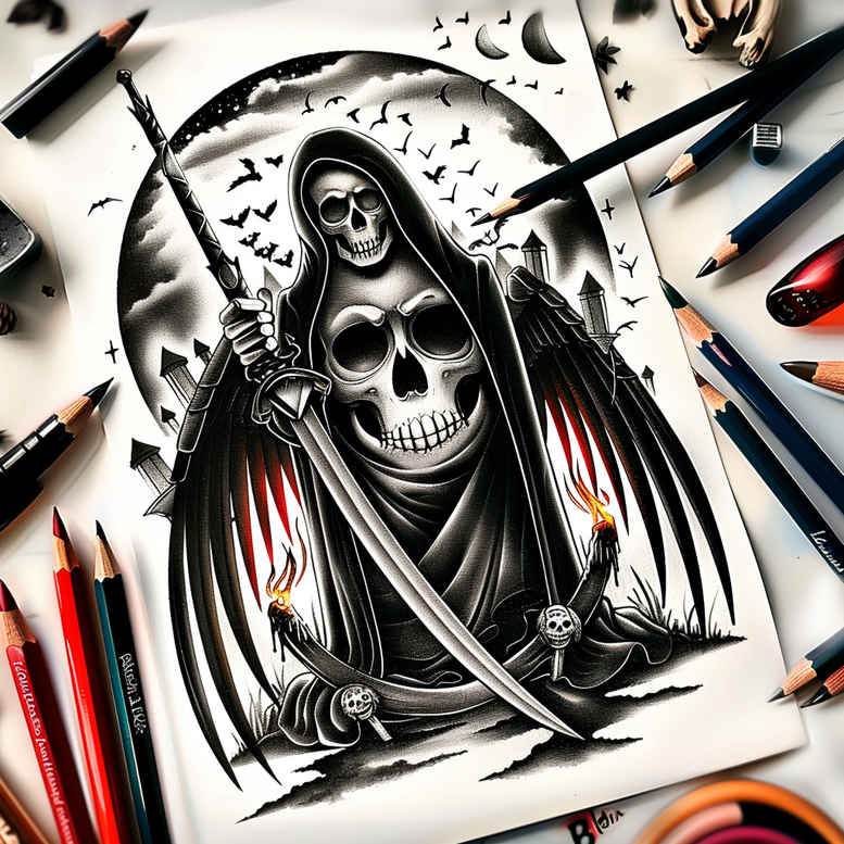 grim-reaper tattoo design ideas bold color shadow play represents courage
